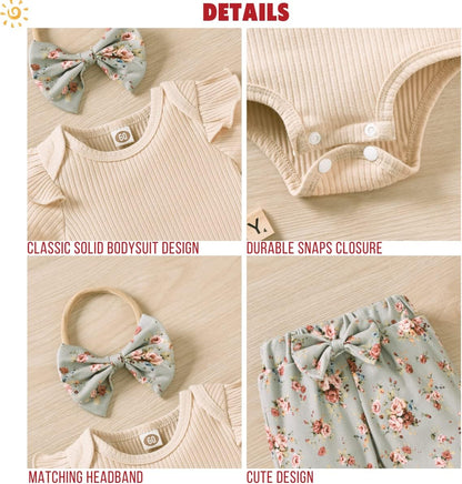 Adorable Baby Girls Ribbed Bodysuit and Pants Set for Spring and Summer Adventures