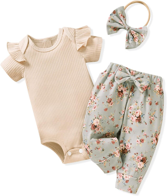 Adorable Baby Girls Ribbed Bodysuit and Pants Set for Spring and Summer Adventures
