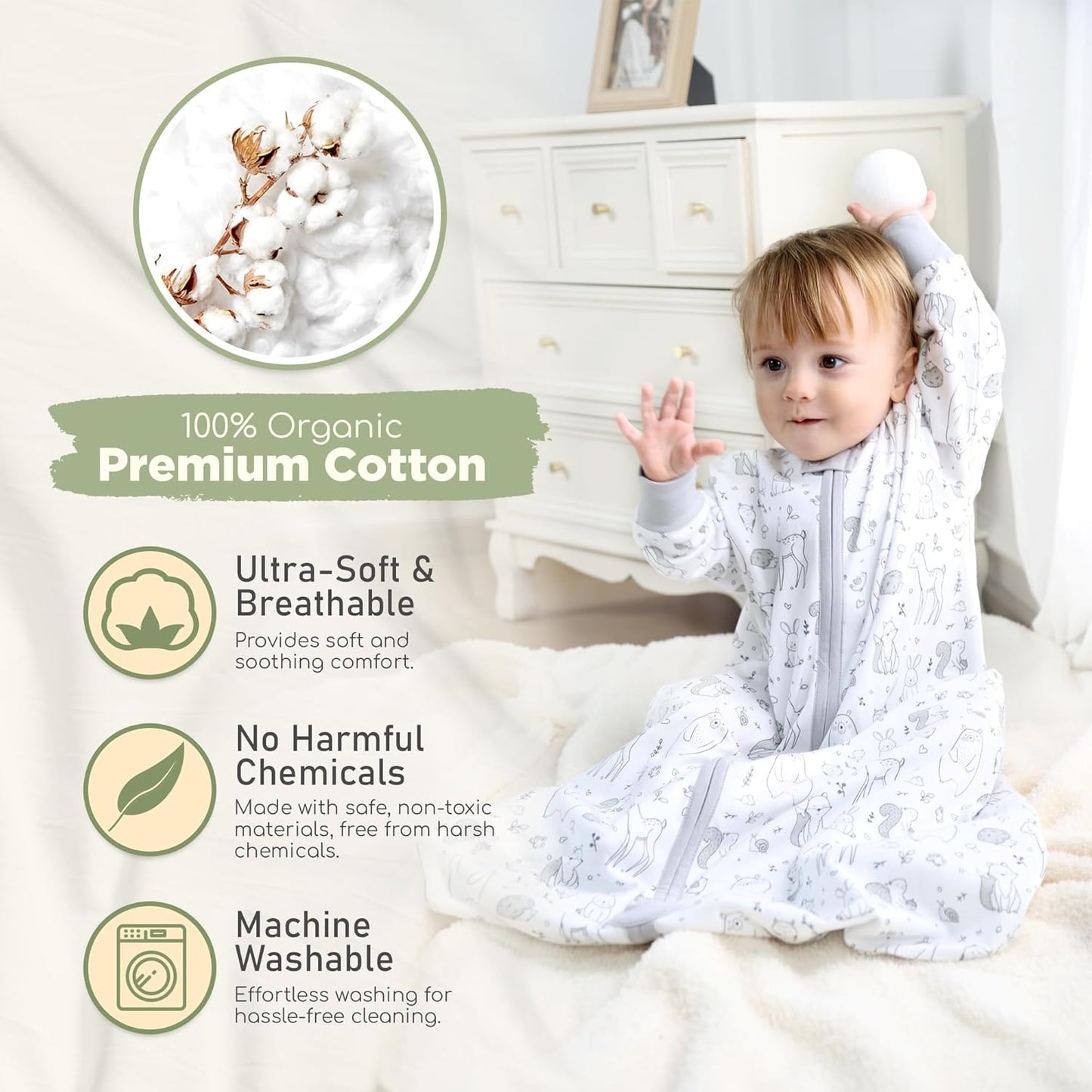 Baby Sleep Sack with Sleeves, 0.5 TOG Organic Cotton Wearable Blanket and Two-Way Zipper, Swaddle Transition Long Sleeve Sleeping Bag for Newborn Infant Toddler, 6-12 Months