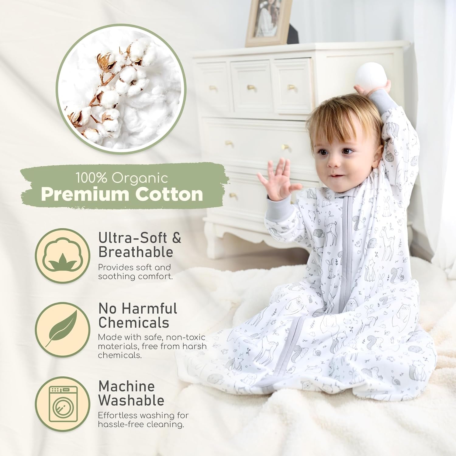 Baby Sleep Sack with Sleeves, 0.5 TOG Organic Cotton Wearable Blanket and Two-Way Zipper, Swaddle Transition Long Sleeve Sleeping Bag for Newborn Infant Toddler, 6-12 Months