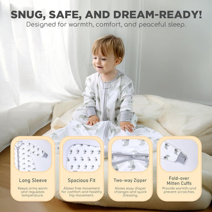 Baby Sleep Sack with Sleeves, 0.5 TOG Organic Cotton Wearable Blanket and Two-Way Zipper, Swaddle Transition Long Sleeve Sleeping Bag for Newborn Infant Toddler, 6-12 Months